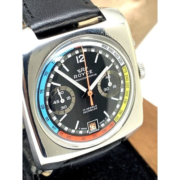 Royce Men's Watch Vintage 1970s Swiss Manual Wind Chronograph Rainbow Bl… - Picture 1 of 15